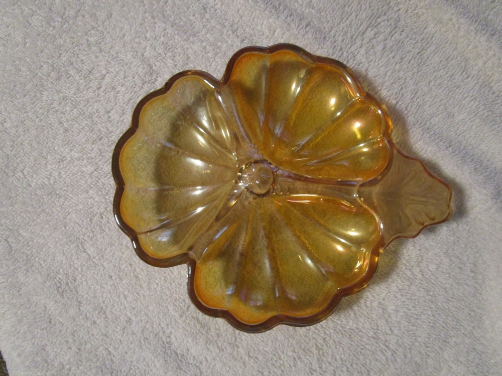 Vintage Carnival Glass Marigold Sectional Candy Dish Leaf Pattern 3 Sections