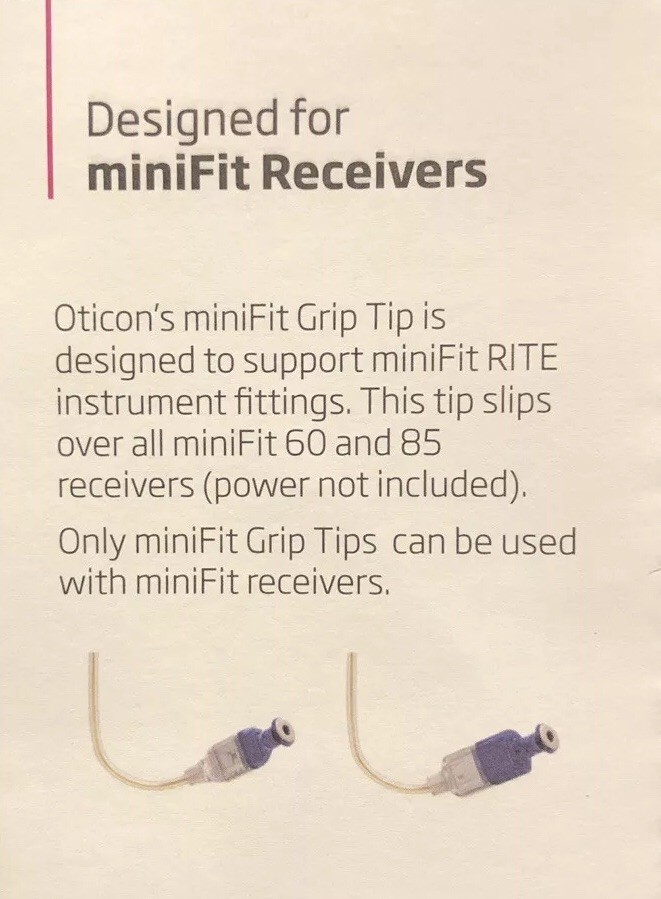 5 miniFit Grip Tips For Oticon Receivers. Size Small Vented. Left Ear.