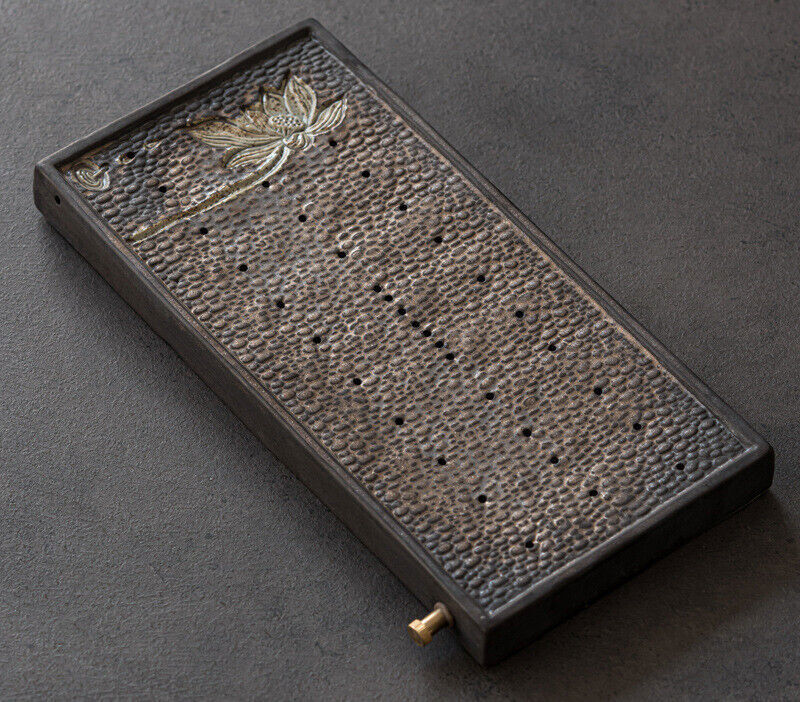 Lotus Engraved Rectangle Tea Tray Water Draining Reservoir Serving Tray Ceramic