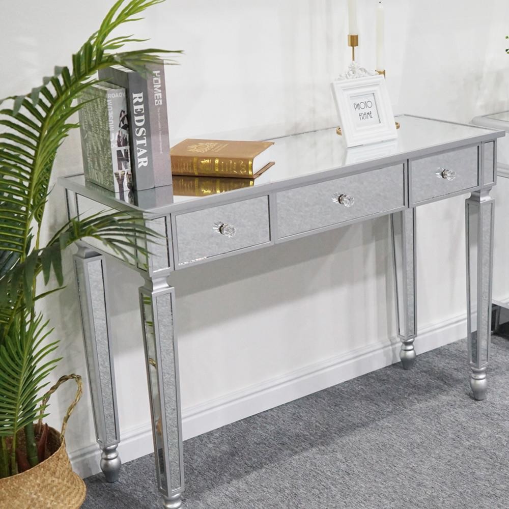 Mirrored 3 Drawer Console Table Glass Finish Silver Home Vanity Dresser Desk