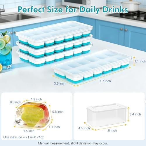 NFK Ice Cube Tray with Lid & Bin - 4 Pack 48 Cubes Stackable Silicone Blue