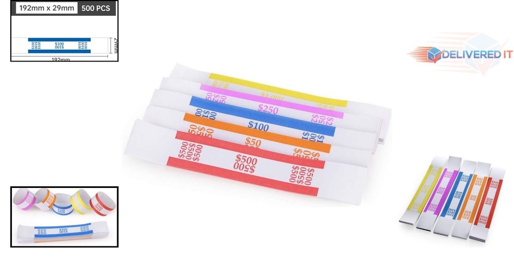 250 Count Durable Self-Adhesive Money Straps - Quick Denomination Identification