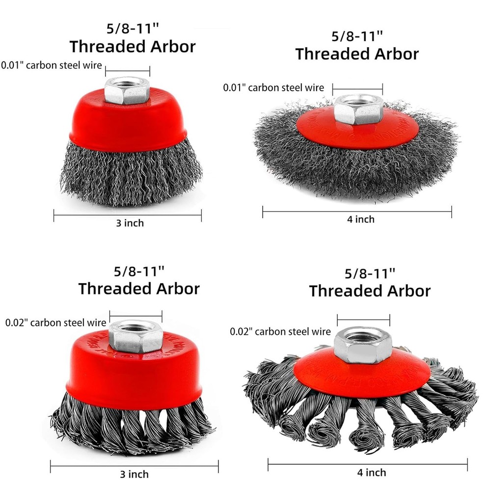 Wire Cup Brush Set Packaged with 4 Different Wire Wheel Brushes for Angle Grinde
