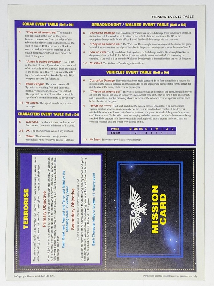 Games Workshop Warhammer 40K 2nd Edition Codex: Tyranids (1995) Poor+ Loose Page