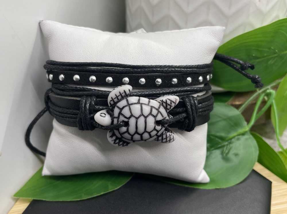 2 PC Leather Bracelet  Stackable Adjustable Tie Free Turtle Charm B5213