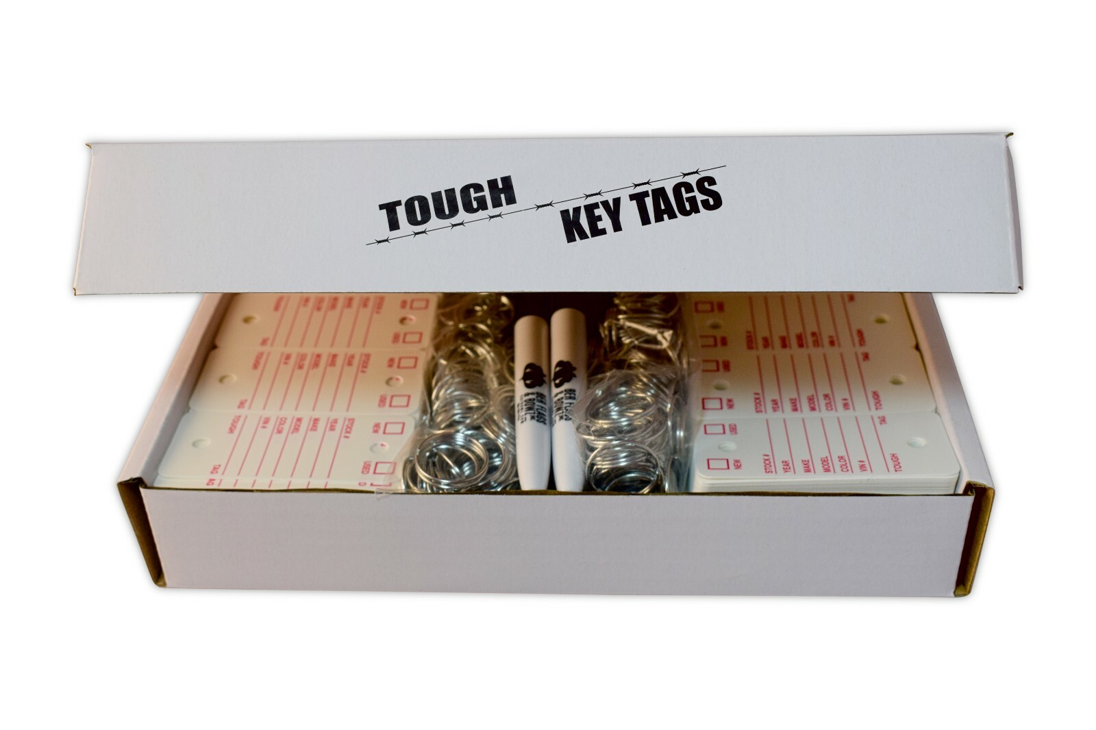 Car Dealer Key Tags, Tough Poly Rigidene Style, 500 Survivor WHITE key tags