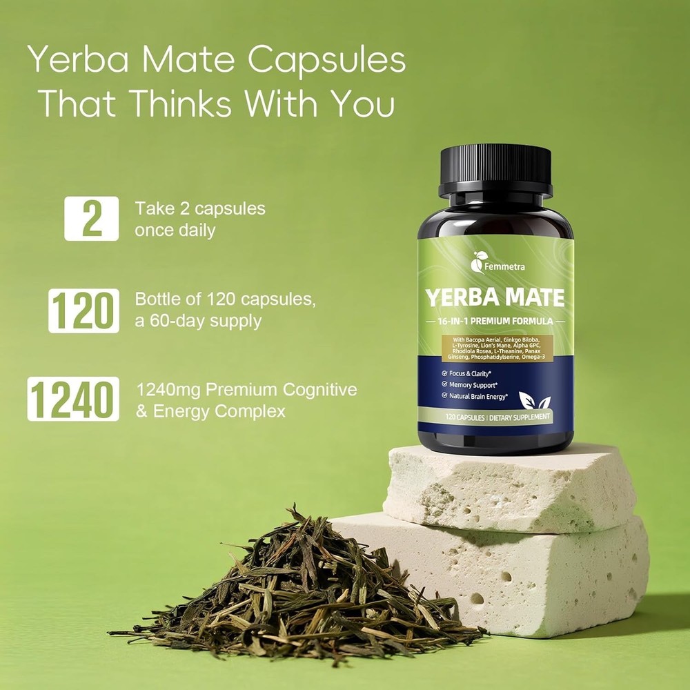 2X Yerba Mate Capsules Yerba Mate Complex Supplement for Focus, Memory & Energy