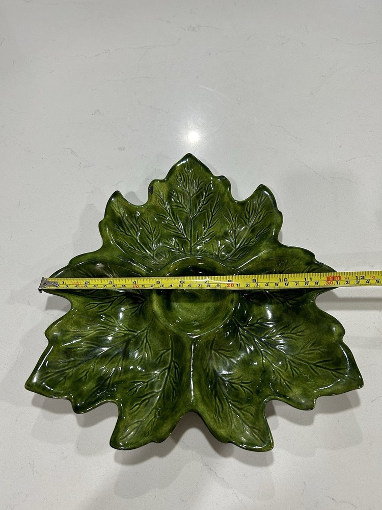Handmade Leaf Vegetable Serving Tray 12”Stoneware Pottery Green