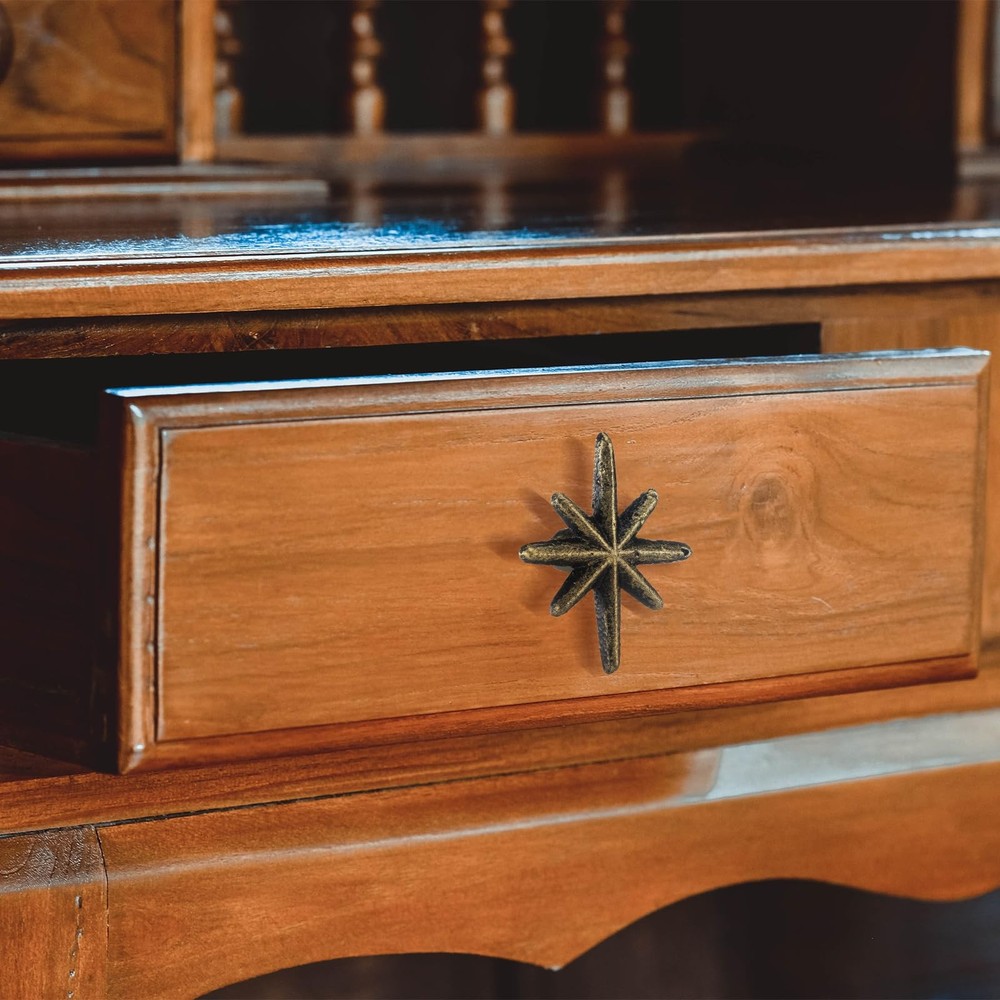 6 Set Unique Antique Gold Cast Iron Drawer Pulls & Cabinet Knobs, 8-Pointed S...