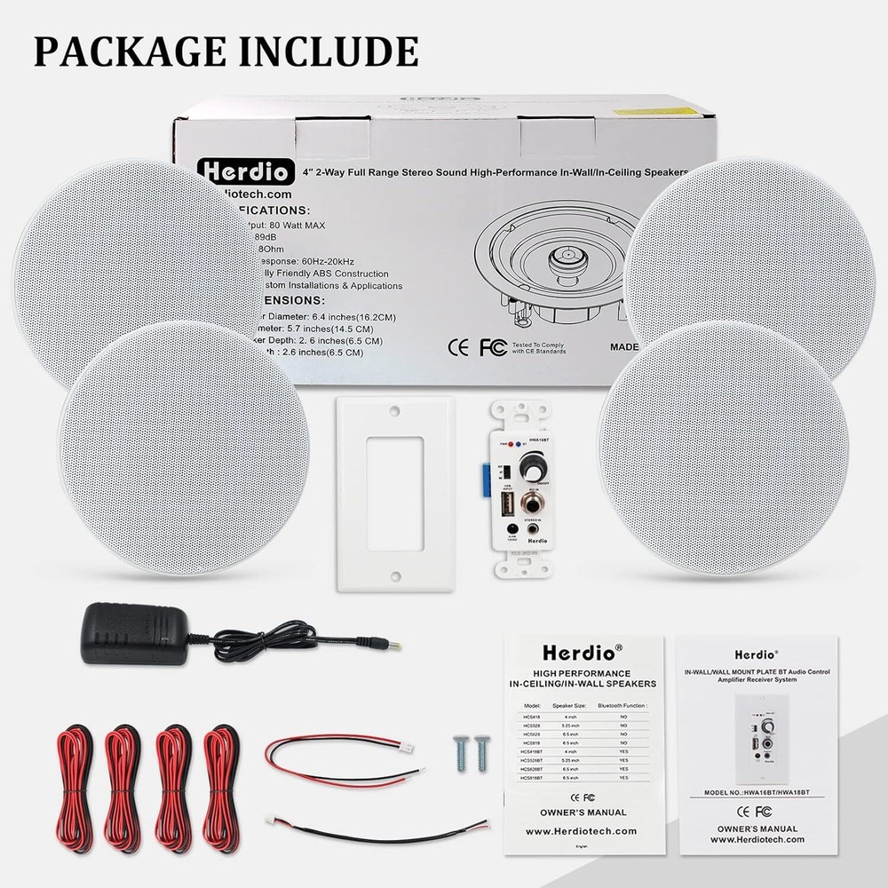 Herdio 4 Pack Bluetooth Ceiling Speakers with in Wall Amplifier Theater System
