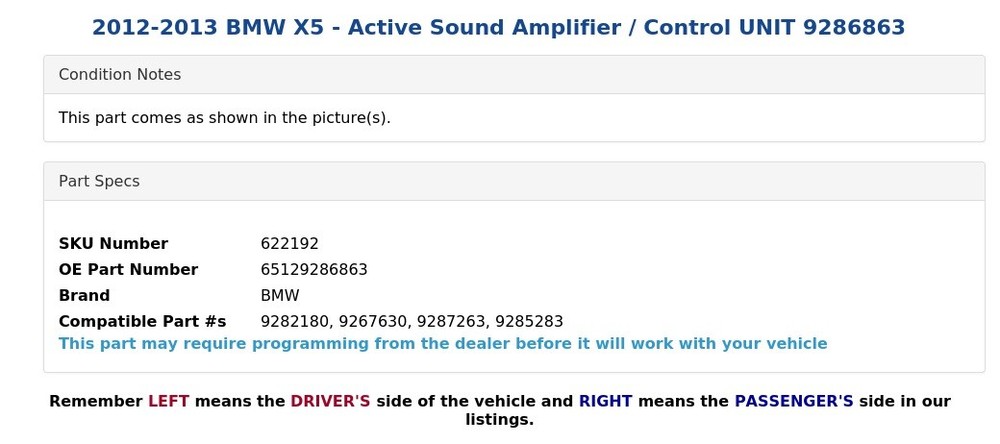 2012-2013 BMW X5 - Active Sound Amplifier / Control UNIT 9286863