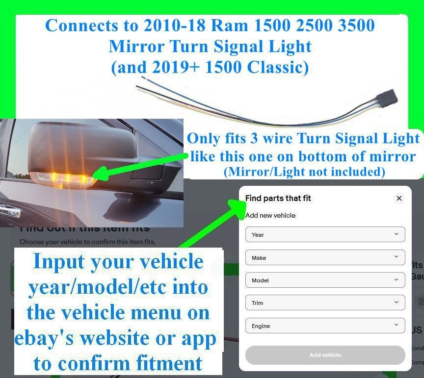 for 10-18 Ram 1500 2500 Classic Mirror Turn Signal Light Connector Plug Pigtail