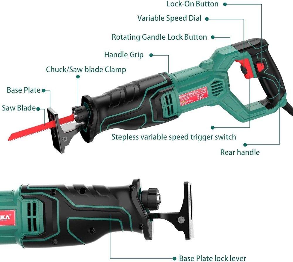 Compact 720W Corded Reciprocating Saw with Variable Speed Control - Green/Black