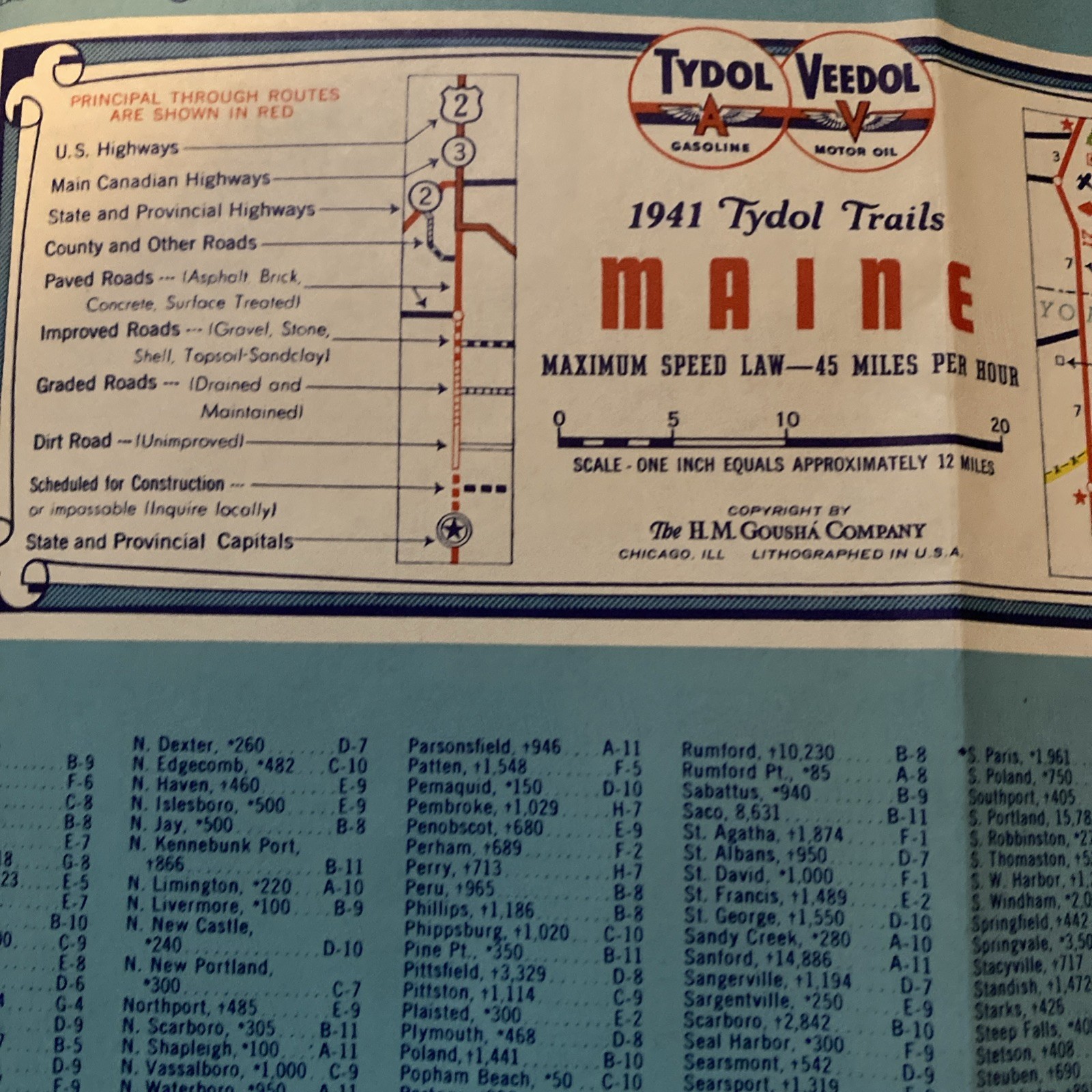 1941 Maine Maritime Province Road Map Tydol Flying A Gas Oil Advertising F32