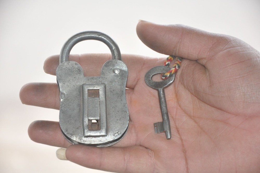 Vintage Iron Handcrafted Unique Shape Flat German Padlock