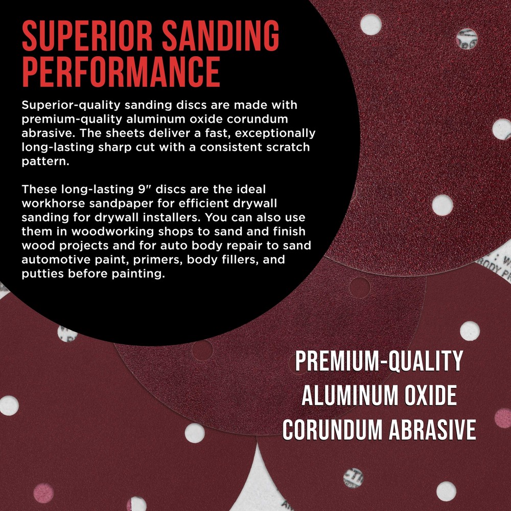 9" Red 6-Hole Sanding Discs, 30 Disc Variety Pack Hook & Loop Backing Sandpaper