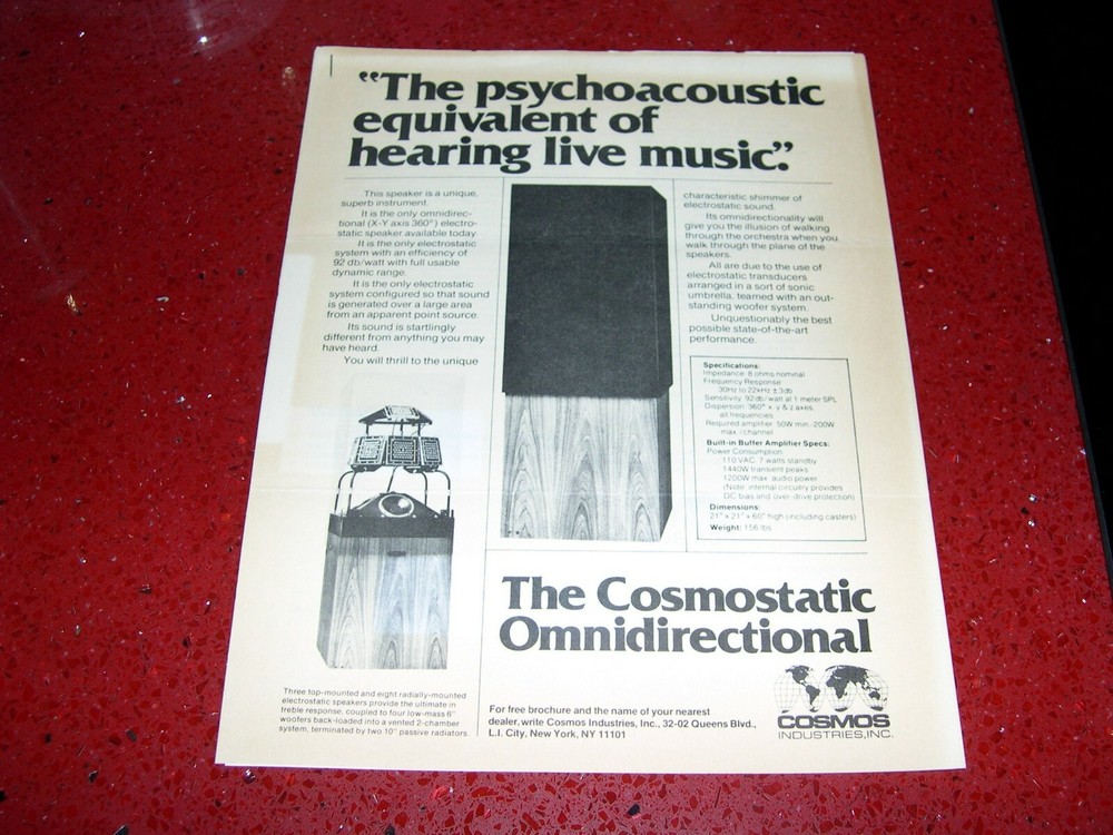 1981 COSMOSTATIC OMNIDIRECTIONAL SPEAKER SPEC SHEET