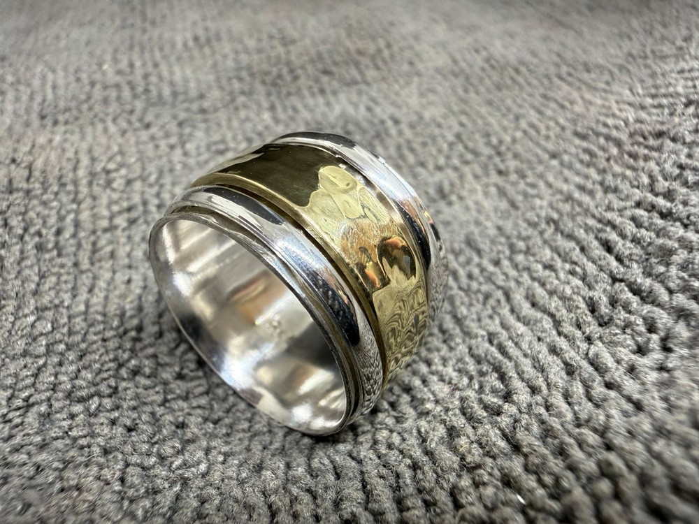 Solid 925 Sterling Silver with Brass Two Tone Fidget Spinner Worry Handmade Ring