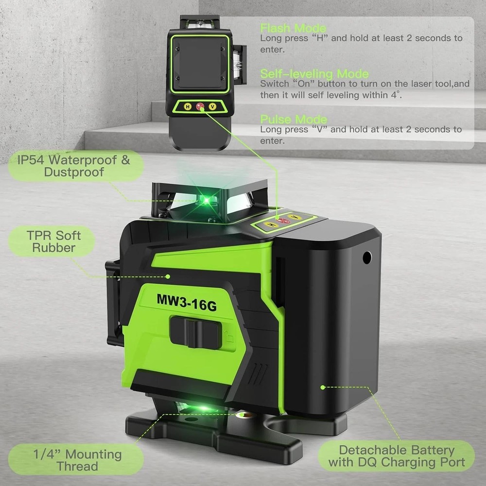 16 Line Laser Level 360 Self Leveling 4x360° Professional 4D Construction Tool