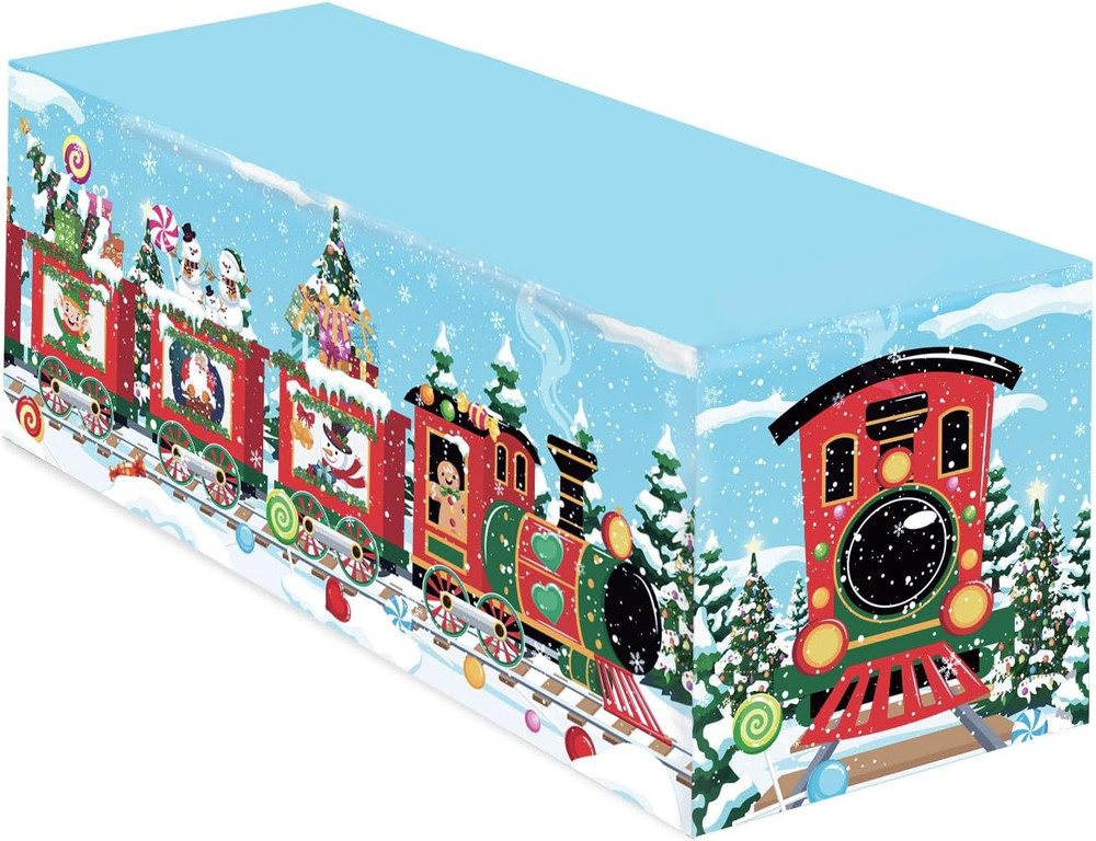 6 Ft Christmas Table Cloth Rectangle Red Train Tablecloth Washable Fabric Polyes