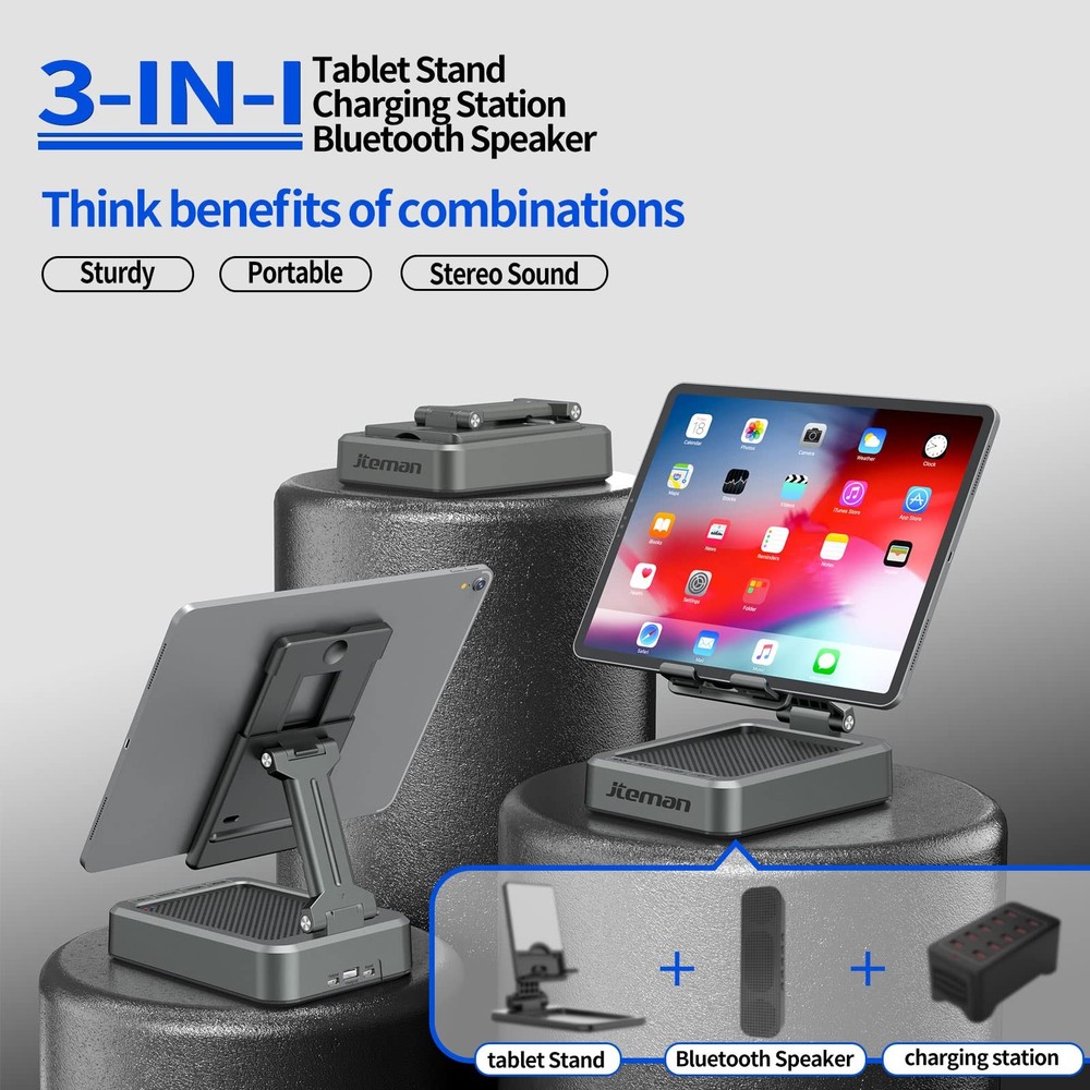Wireless Bluetooth Speaker Tablet Stand Adjustable Holder for 4-12.9" Devices