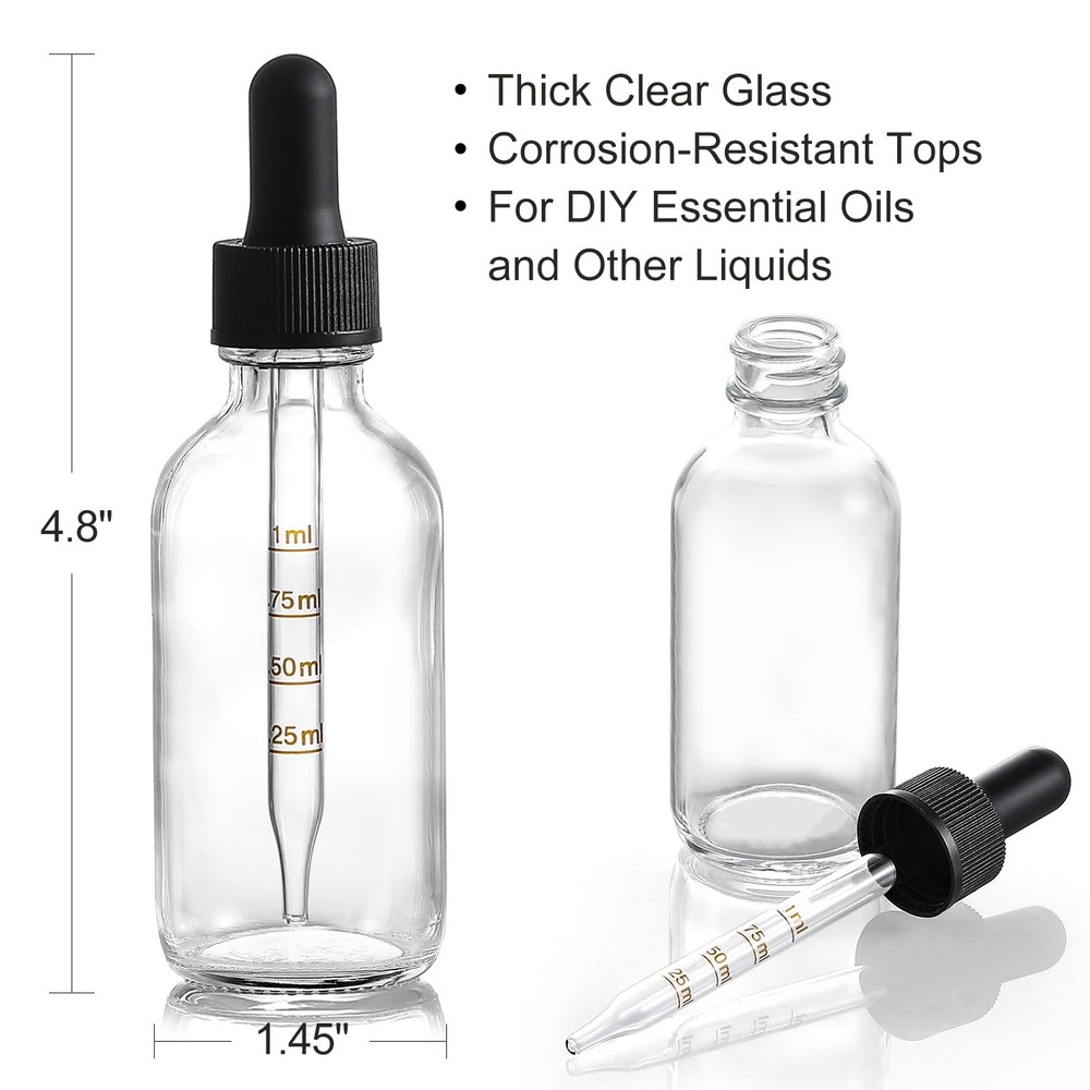 4 Pack 2 oz Glass Dropper Bottles with Measured - 60ml Clear