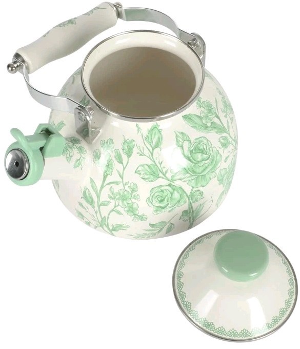 Pioneer Woman ~ AGATHA ~ 2 Quart Tea Kettle ~ Enamel on Steel ~ Floral ~ GREEN