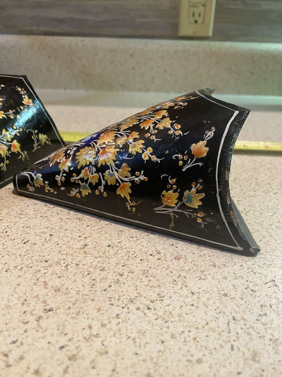 Set Of VINTAGE ASIAN CHINOESERIE BLACK LACQUER WALL POCKETS Orange Florals Birds