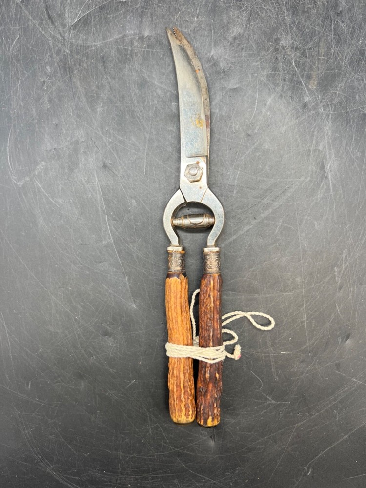 Vintage Bone Handled Carving Pruning Scissors Shears Antler Sterling Silver Tool
