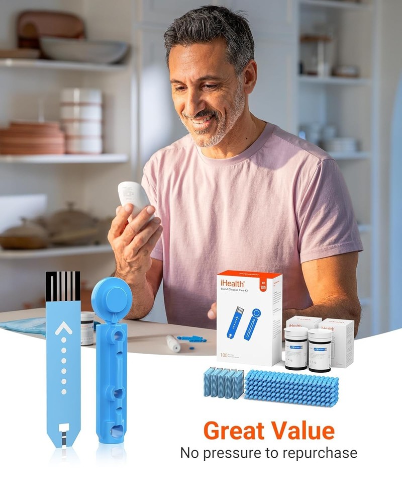 Glucose Meter Kit: 100 Strips, 100 Lancets, No Coding, 5s Results, 500 Memory