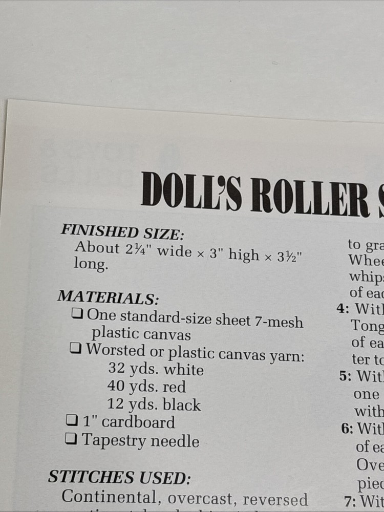 Doll's Roller Skates Annie's Attic Plastic Canvas Pattern Page