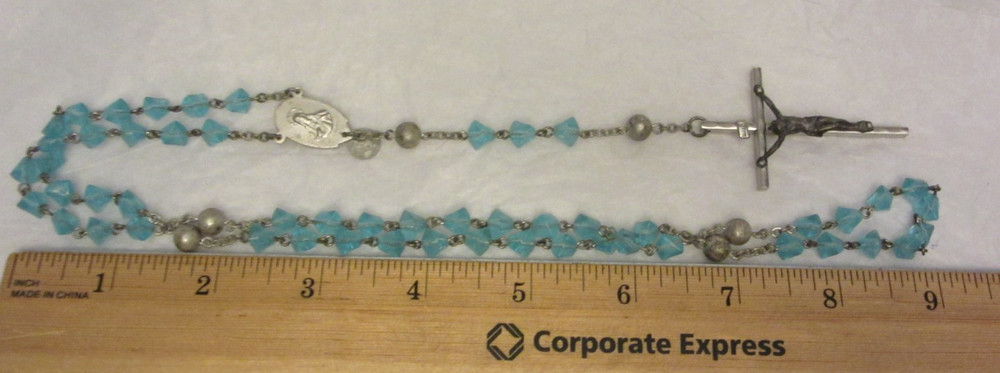 2 Vtg Rosary Crystal Blue & Clear Bead Silvertone Metal Cross