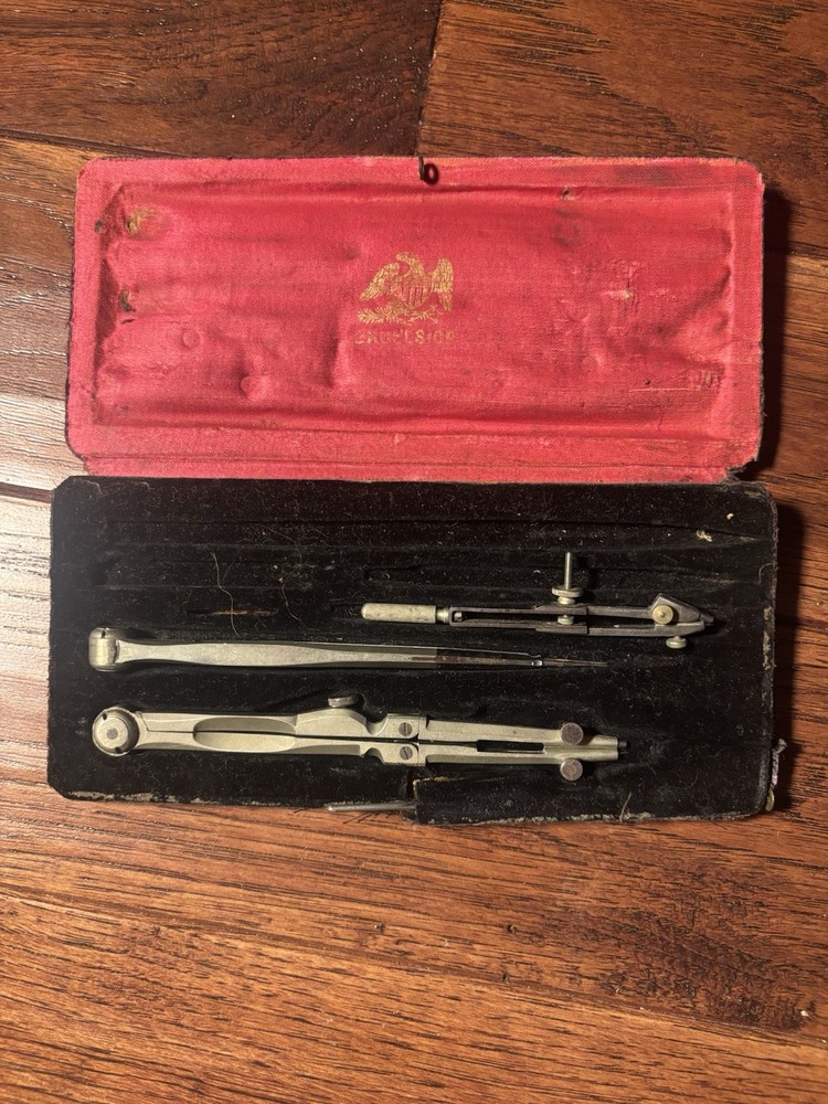 Antique Distressed Drafting Compass Set with Case Missing Some Tools