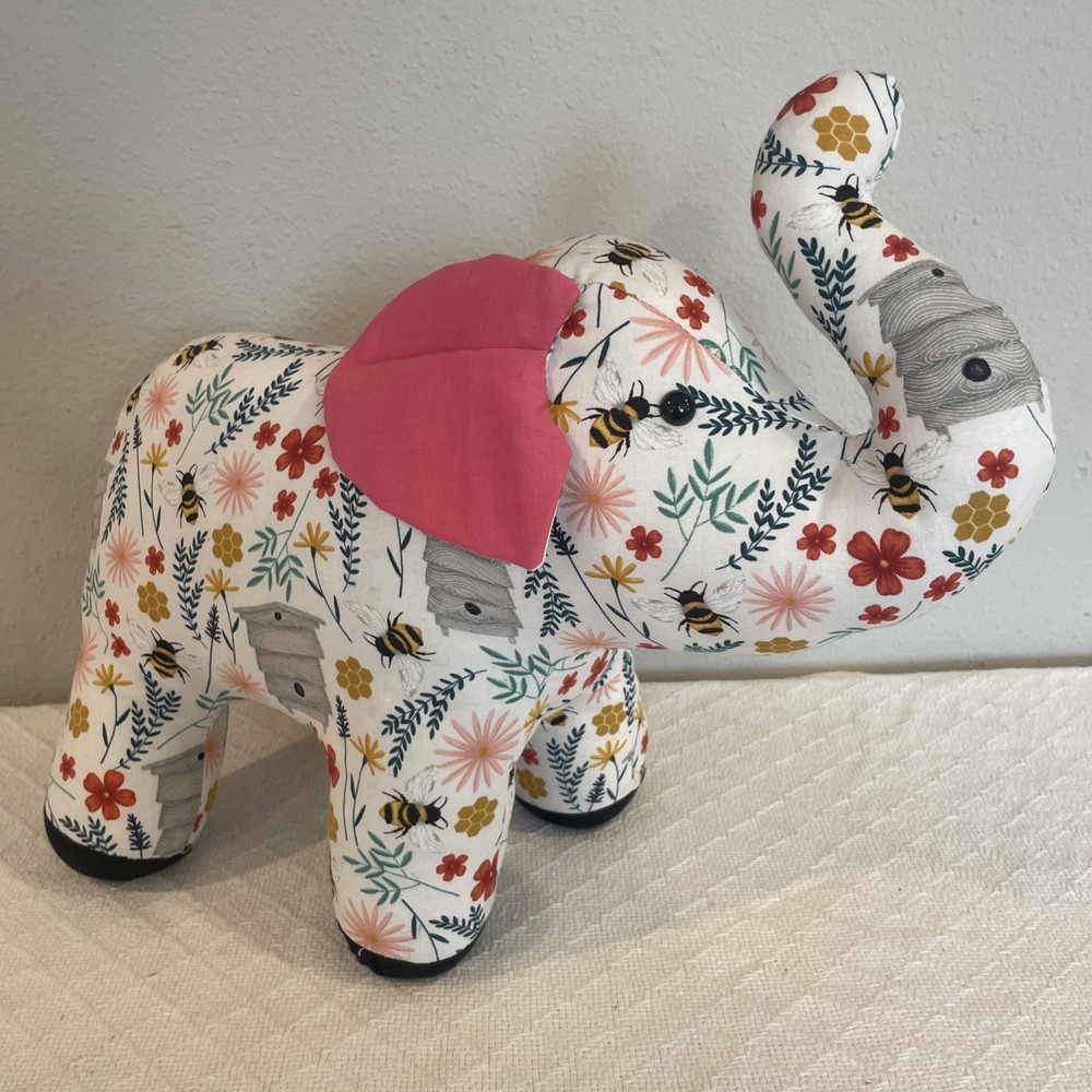 Handmade Bumblebee Print Springtime Elephant! Stuffed Cotton