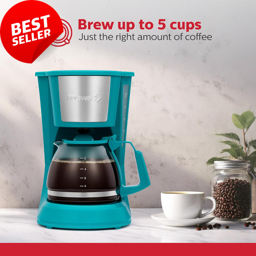 5-Cup Drip Coffee Maker, Auto Pause, Reusable Filter, Glass Carafe, Teal