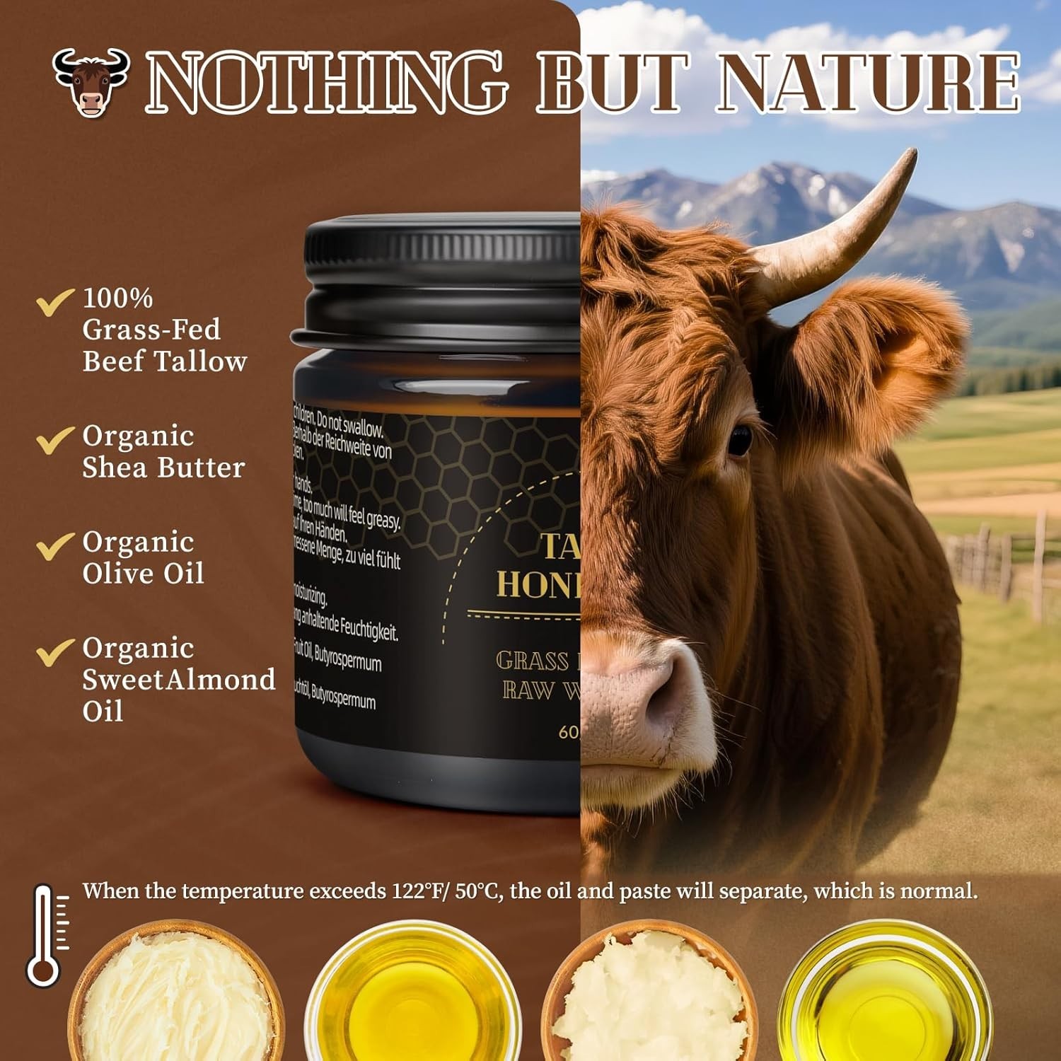 Beef Tallow for Skin, Tallow and Honey Balm for Face, Organic Grass-fed Beef