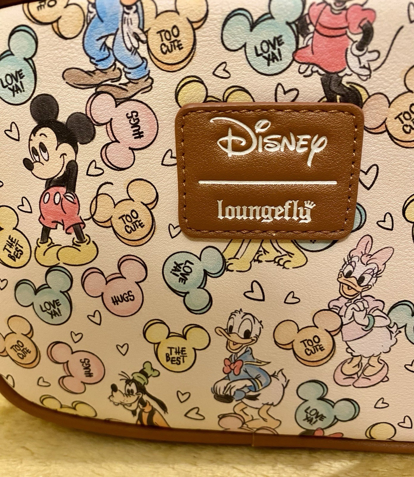 LOUNGEFLY Disney Mickey Mouse & Friends Candy Camera Zip Closure Crossbody Bag.
