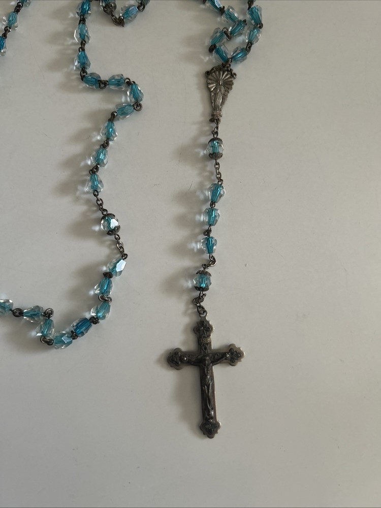 Vintage Rosary 23.5" Faceted Glass Rectangular Light Blue Beads