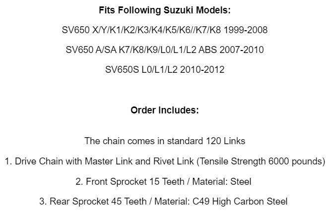 Drive Chain & Sprockets Kit for Suzuki SV650 SV650A SV650S 1999 2000 2001-2012