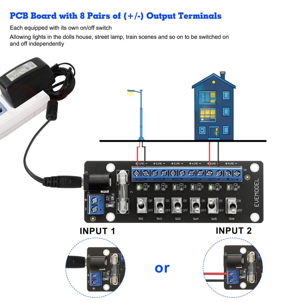Evemodel 3V-24V DC Individual Toggle Switch Power Distribution Module 6 Channels