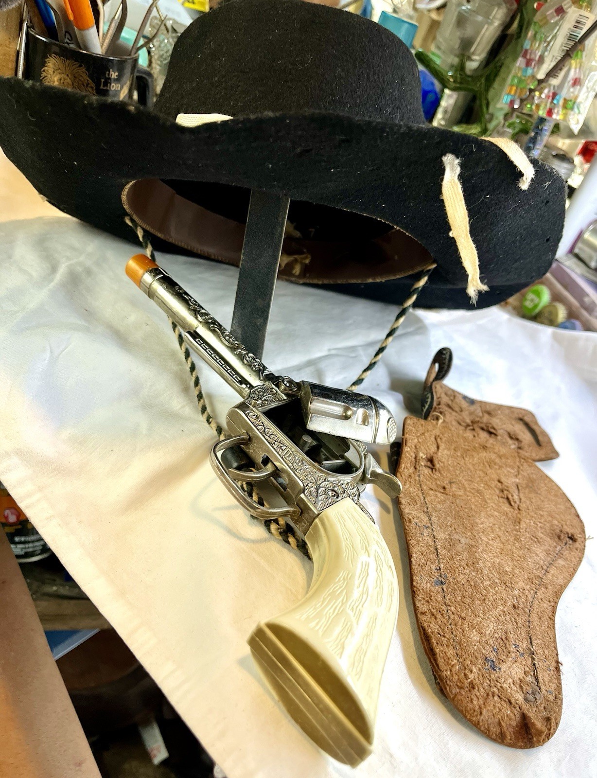 Vintage 1950’s Cowboy Hat Size 7, Cap Gun, (Works), And Holster.