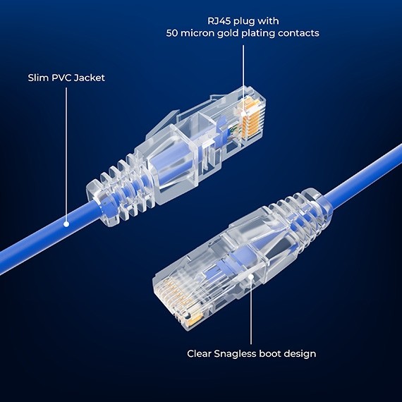 12ft Slim Cat6a 28AWG UTP Ethernet Network Patch Cable, Blue