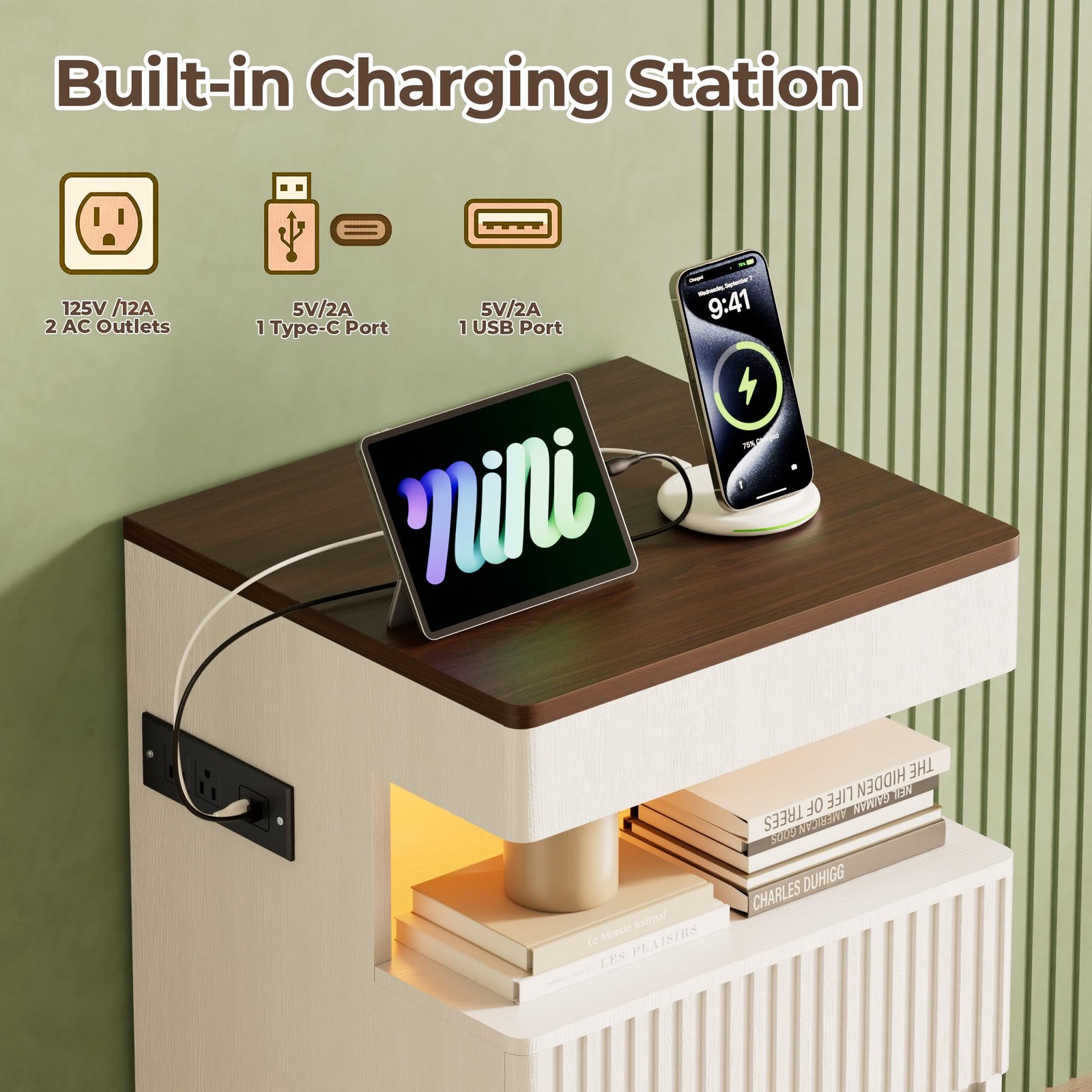 26" Tall Fluted NightStand w/Charging Station & LED Light,with 3 Storage Drawers