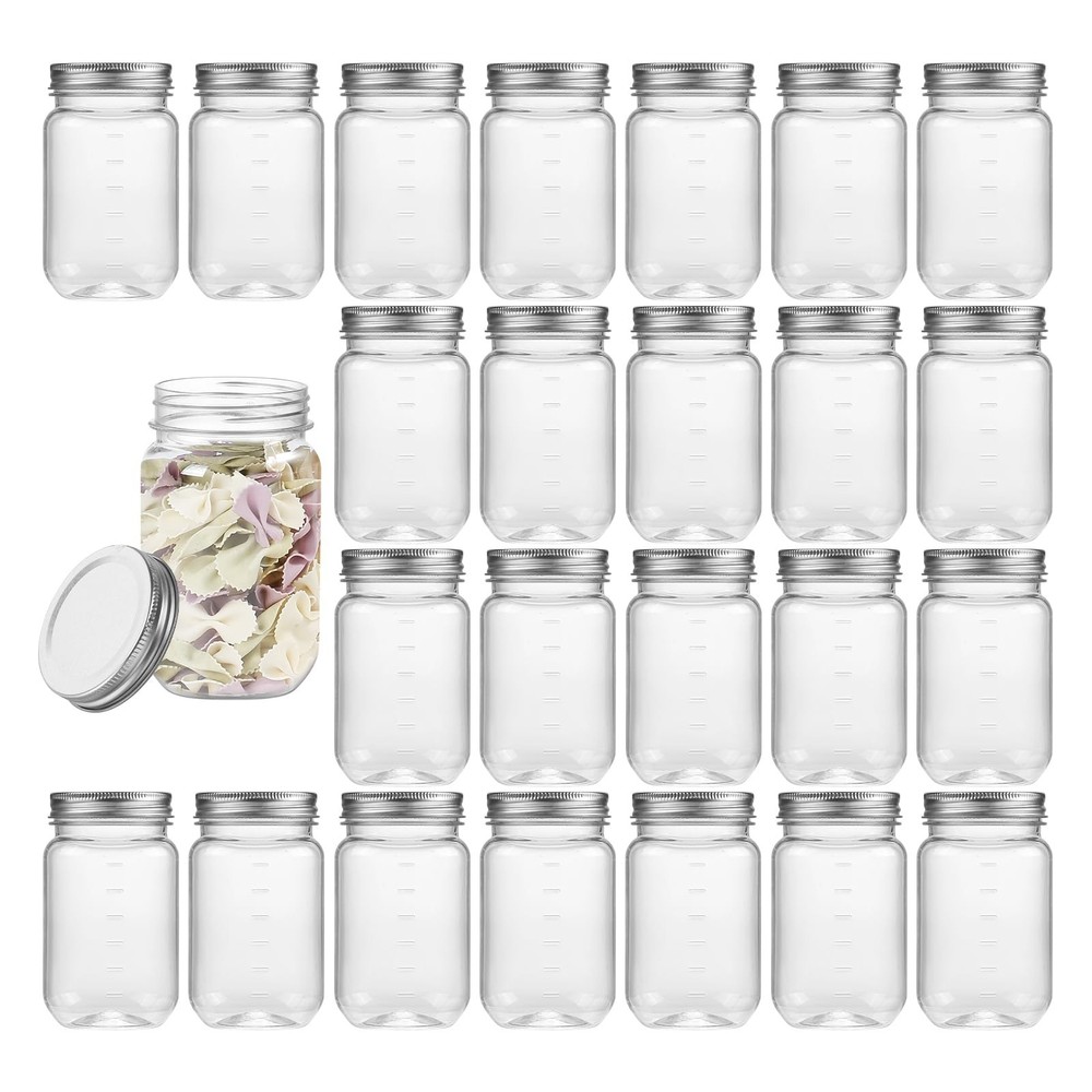 16 OZ Mason Jars Plastic Clear Storage Containers with Lids Empty Refillable ...
