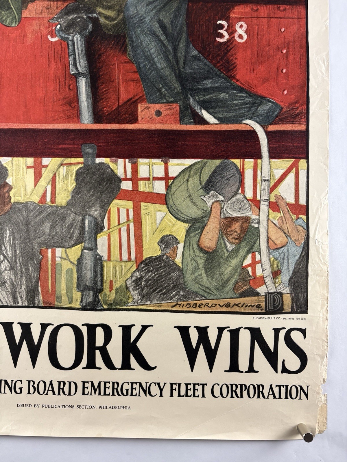 TEAMWORK WINS World War I Bond Poster (VeryGood) 1918 26 1/4”x41” WW1 Ships 001