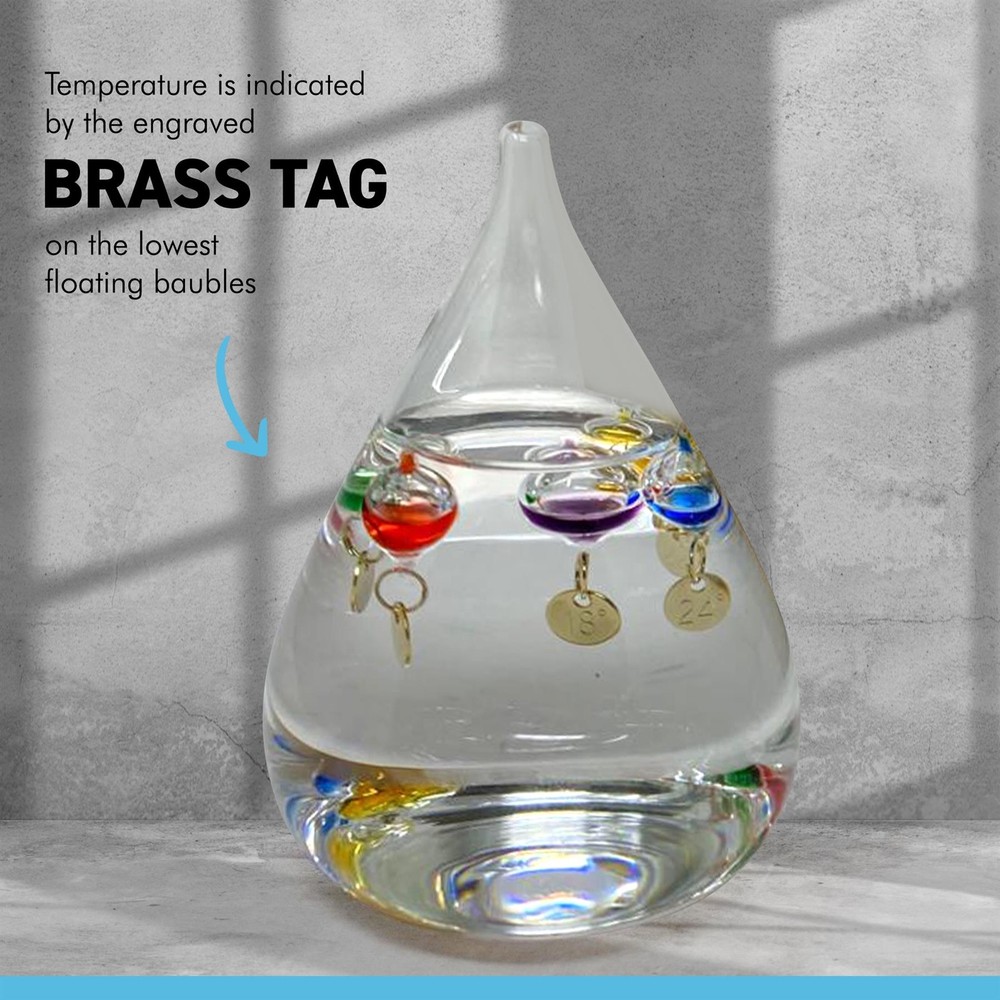 TEAR DROP shaped GALILEO THERMOMETER with five floating globes