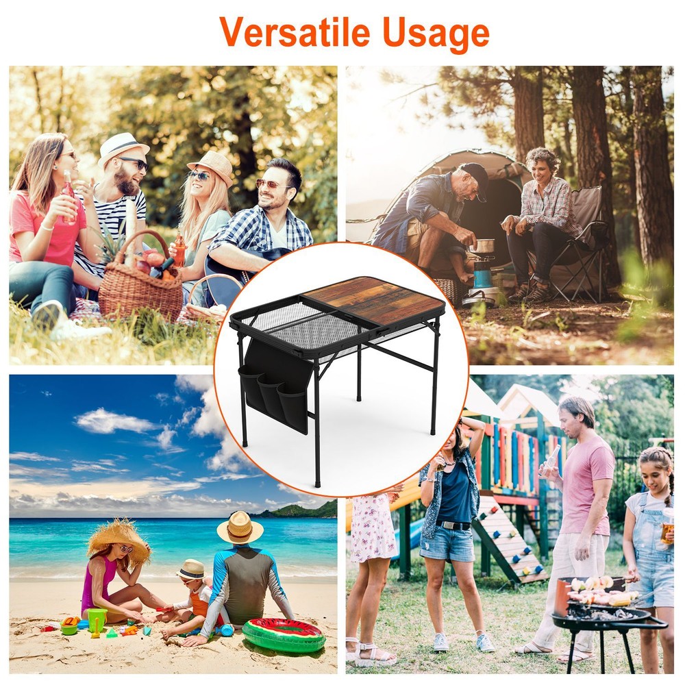 Grill Table Portable Outdoor Camping Table Height Adjustable with Side Pockets