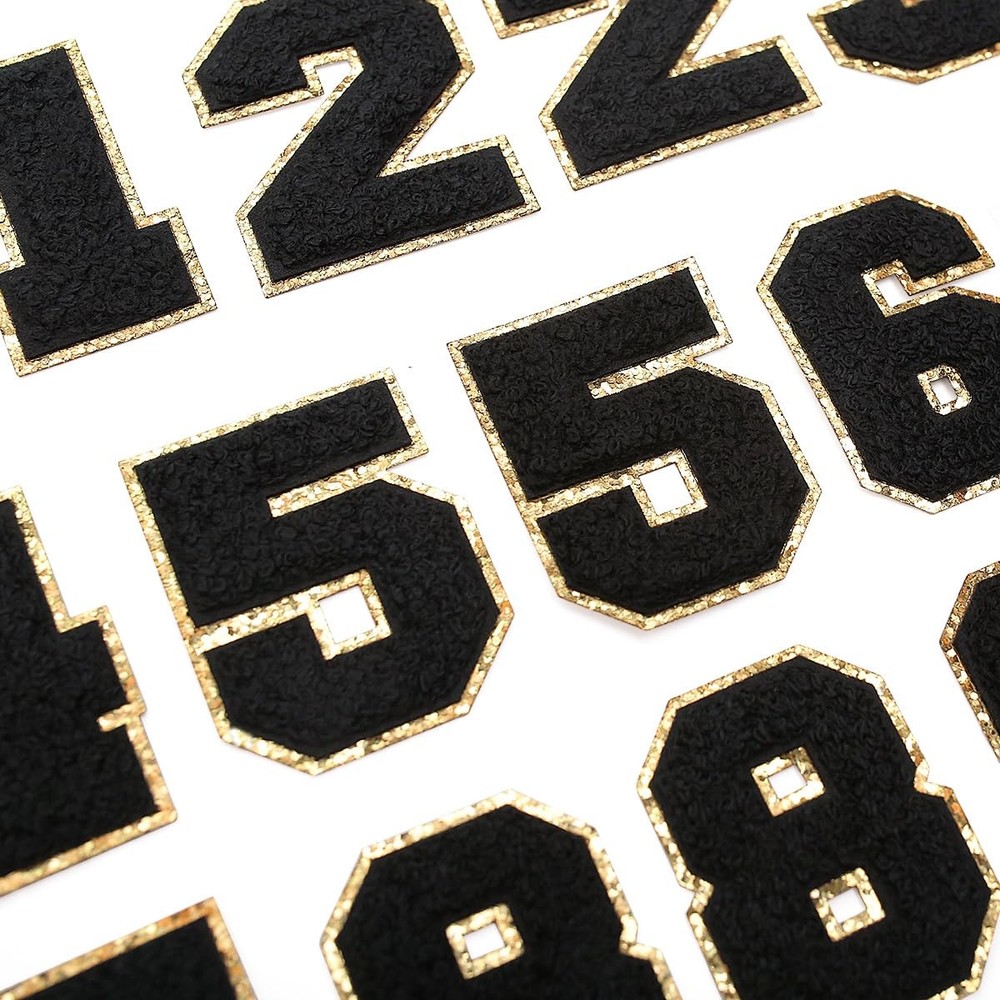 20 PCS Chenille Numbers Patch Set Iron On 0-9 Glitter Varsity Black Decor