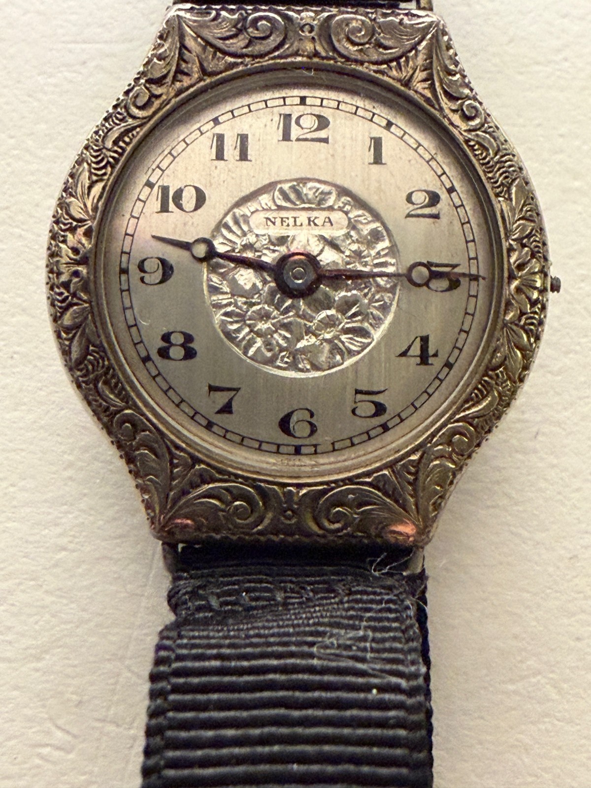 Original Art Deco Nelka Watch 1920's - Engraved Floral Pattern Face -White Gold