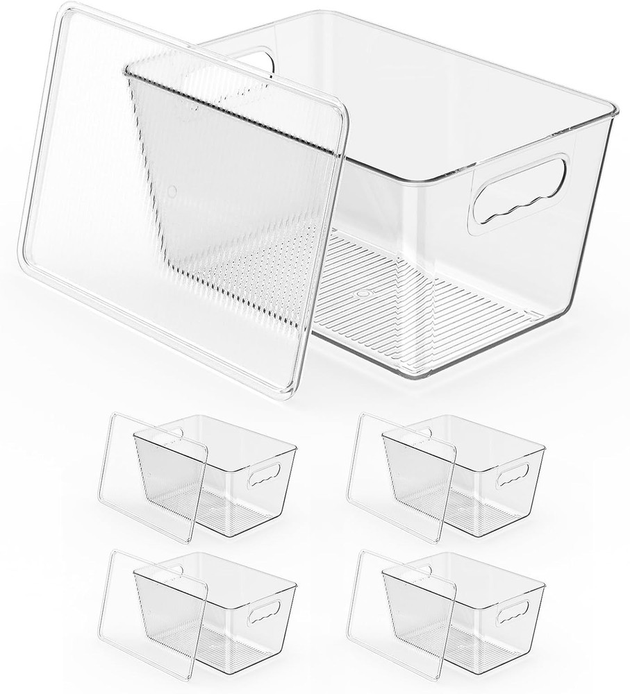 4 Pack Clear Stackable Storage Bins with Lids, Large Plastic Pantry Organizer...